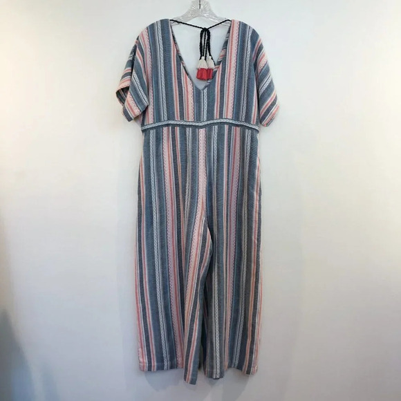 The Odells Striped V Neck Cropped Wide Leg Tassled Beach Vacation Romper XS - Picture 10 of 11